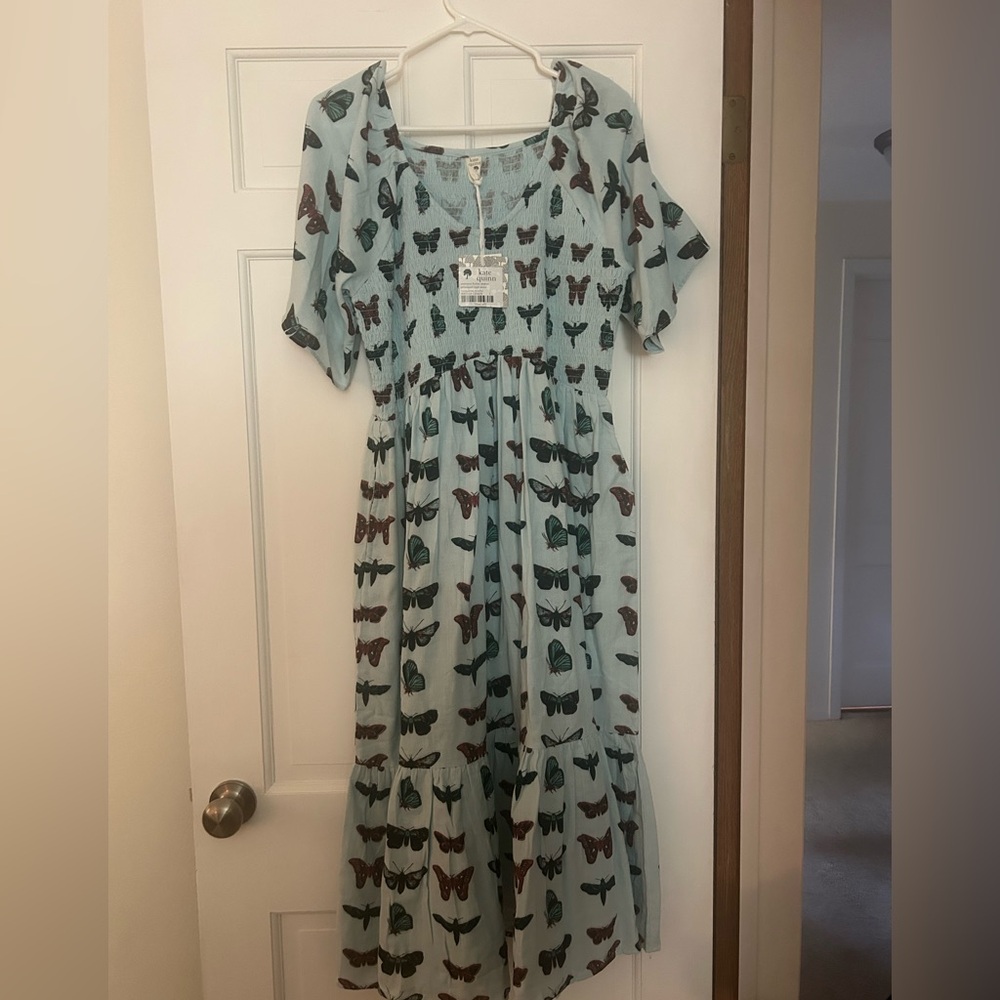 Kate Quinn women’s flutter sleeve smocked midi dress size L NWT